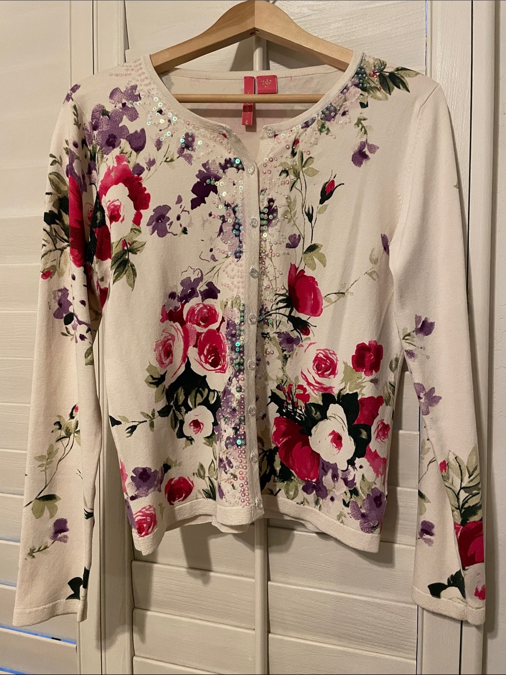 Charlotte Tarantola Cream Cardigan with Pink and Purple Floral Print